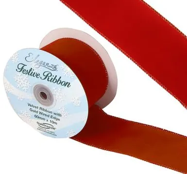 bg024608 Eleganza Velvet Ribbon with Gold WiredEdge Red 60mmx10m