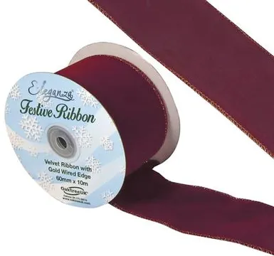 bg024622 Eleganza Velvet Ribbon with Gold WiredEdge Burgundy 60mmx10m (1)